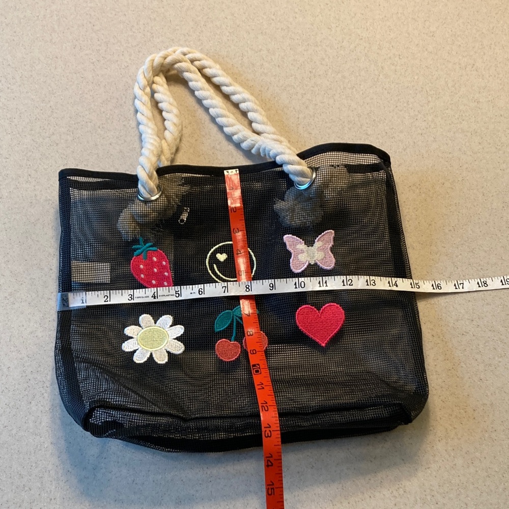 NWOT Black Mesh Tote w/Rope Handles and Colorful Patches - Picture 6 of 8